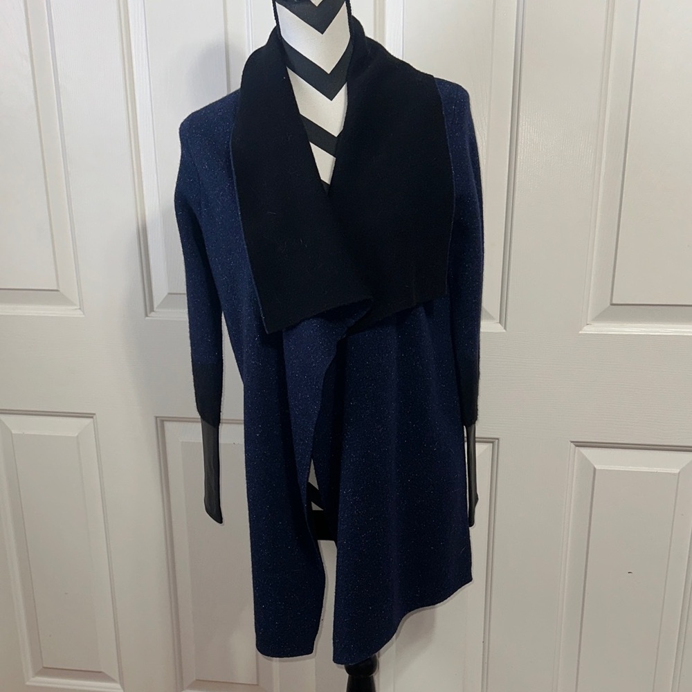 Vince Navy and Black Women's Cardigan with Leather Sleeve Cuffs